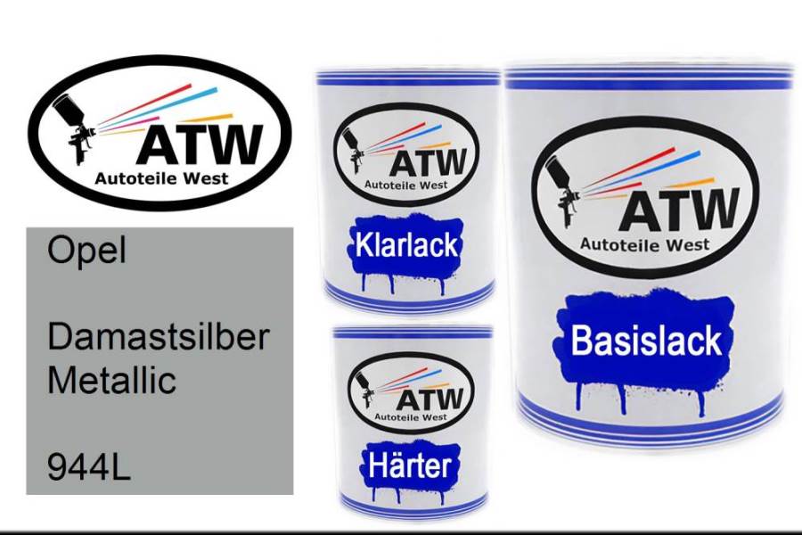 Opel, Damastsilber Metallic, 944L: 1L Lackdose + 1L Klarlack + 500ml Härter - Set, von ATW Autoteile West.